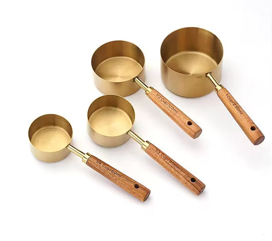 Wood Handle Titanium Gold Stainless Steel Measuring Cup and Measuring Spoon Set, Kitchen Baking Tool Set