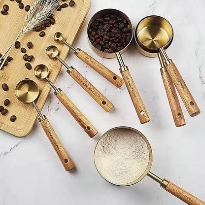 Wood Handle Titanium Gold Stainless Steel Measuring Cup and Measuring Spoon Set, Kitchen Baking Tool Set