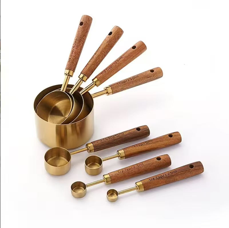 Wood Handle Titanium Gold Stainless Steel Measuring Cup and Measuring Spoon Set, Kitchen Baking Tool Set