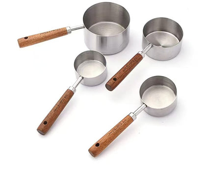 Wood Handle Titanium Gold Stainless Steel Measuring Cup and Measuring Spoon Set, Kitchen Baking Tool Set