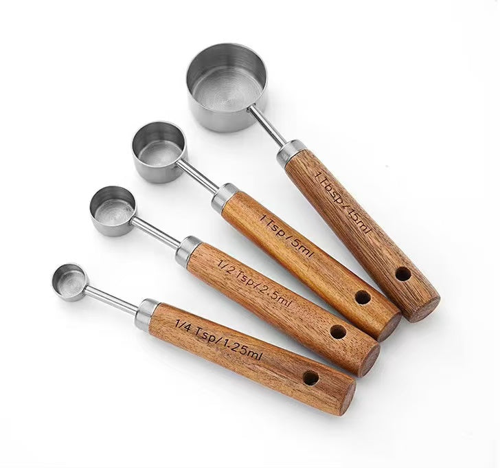 Wood Handle Titanium Gold Stainless Steel Measuring Cup and Measuring Spoon Set, Kitchen Baking Tool Set