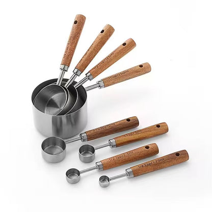 Wood Handle Titanium Gold Stainless Steel Measuring Cup and Measuring Spoon Set, Kitchen Baking Tool Set