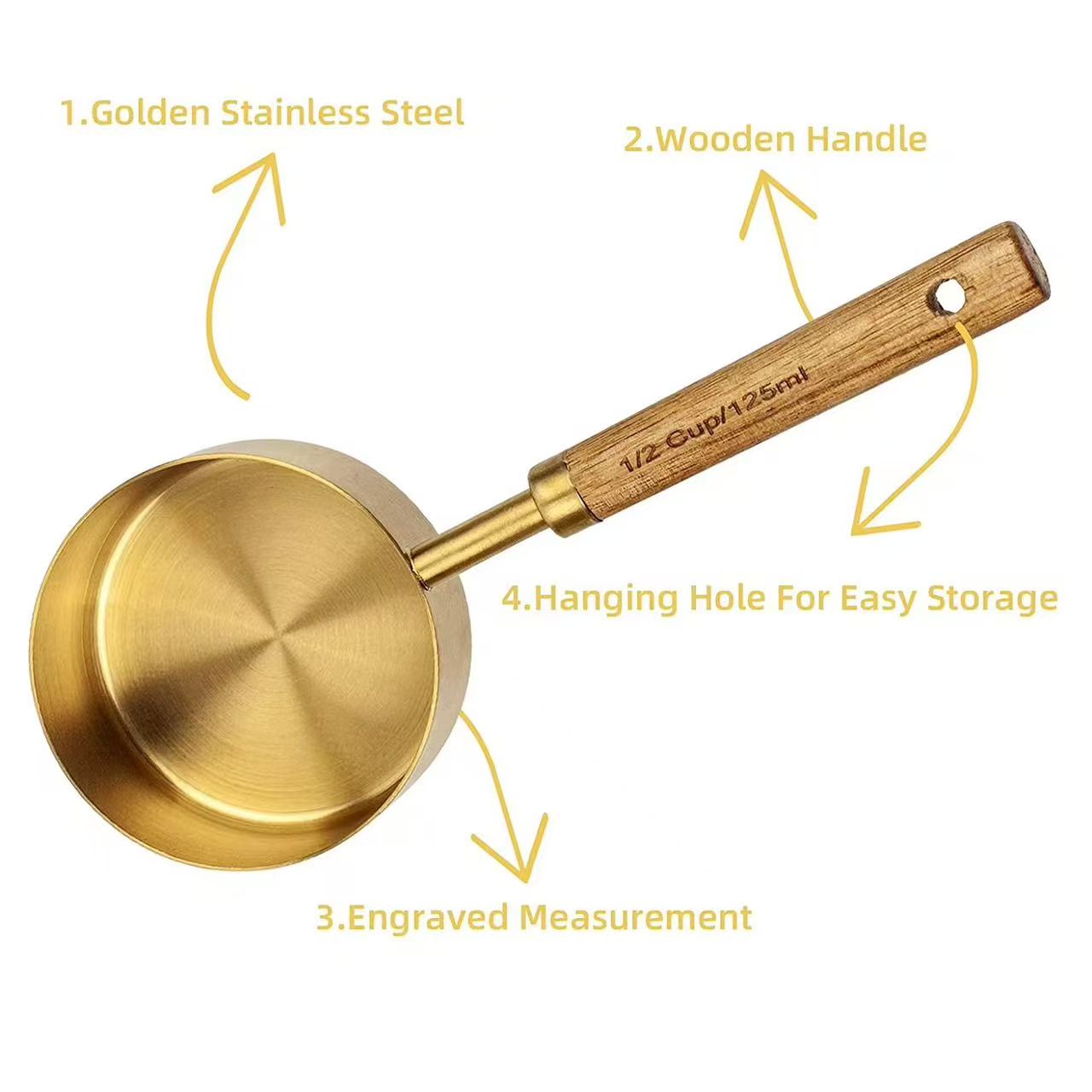 Wood Handle Titanium Gold Stainless Steel Measuring Cup and Measuring Spoon Set, Kitchen Baking Tool Set