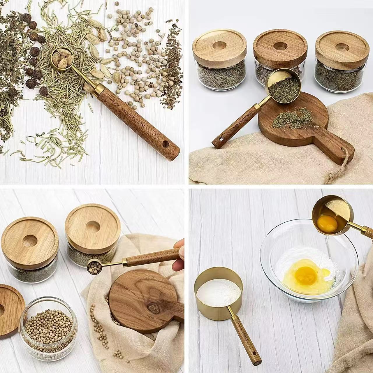 Wood Handle Titanium Gold Stainless Steel Measuring Cup and Measuring Spoon Set, Kitchen Baking Tool Set