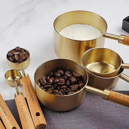 Wood Handle Titanium Gold Stainless Steel Measuring Cup and Measuring Spoon Set, Kitchen Baking Tool Set