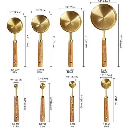 Wood Handle Titanium Gold Stainless Steel Measuring Cup and Measuring Spoon Set, Kitchen Baking Tool Set