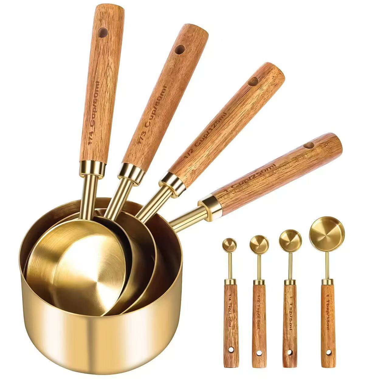 Wood Handle Titanium Gold Stainless Steel Measuring Cup and Measuring Spoon Set, Kitchen Baking Tool Set