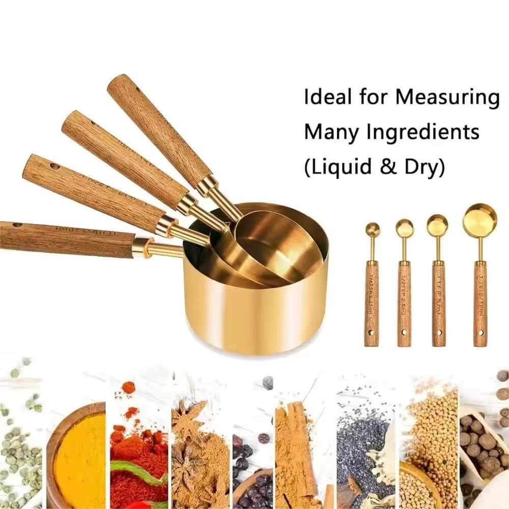 Wood Handle Titanium Gold Stainless Steel Measuring Cup and Measuring Spoon Set, Kitchen Baking Tool Set