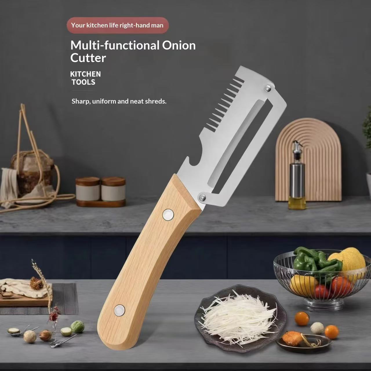 Multifunctional stainless steel household vegetable peeler / onion cutter / bottle opener / melon and fruit slicer