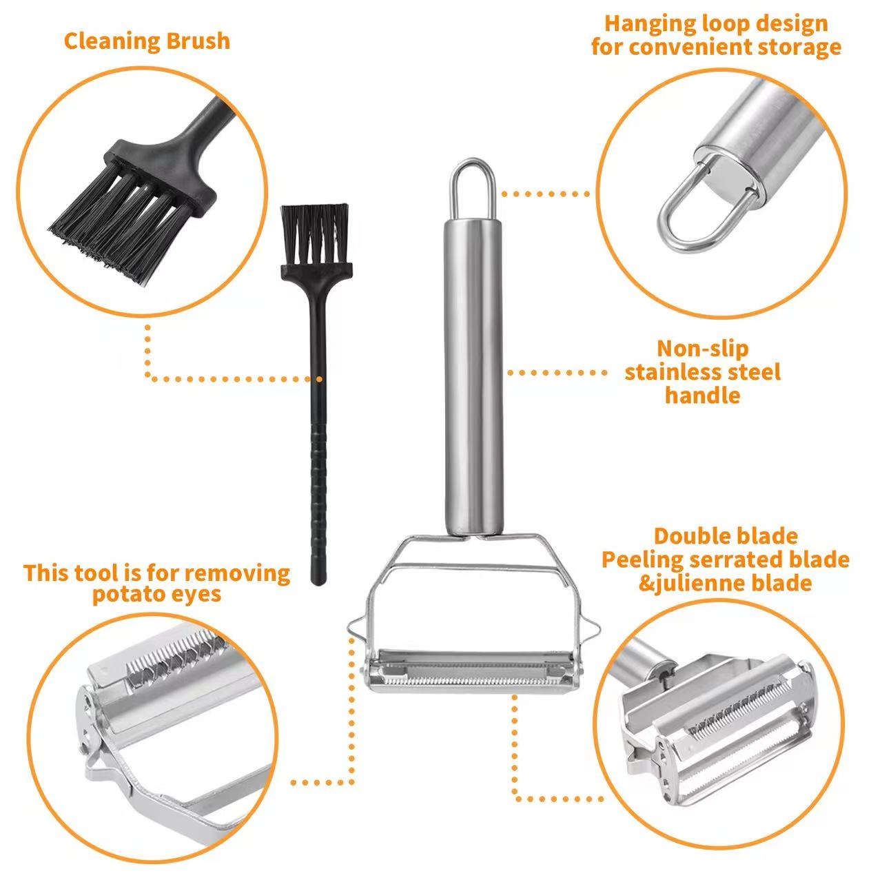 Two-in-one stainless steel peeler and shredder