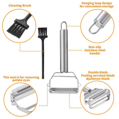 Two-in-one stainless steel peeler and shredder