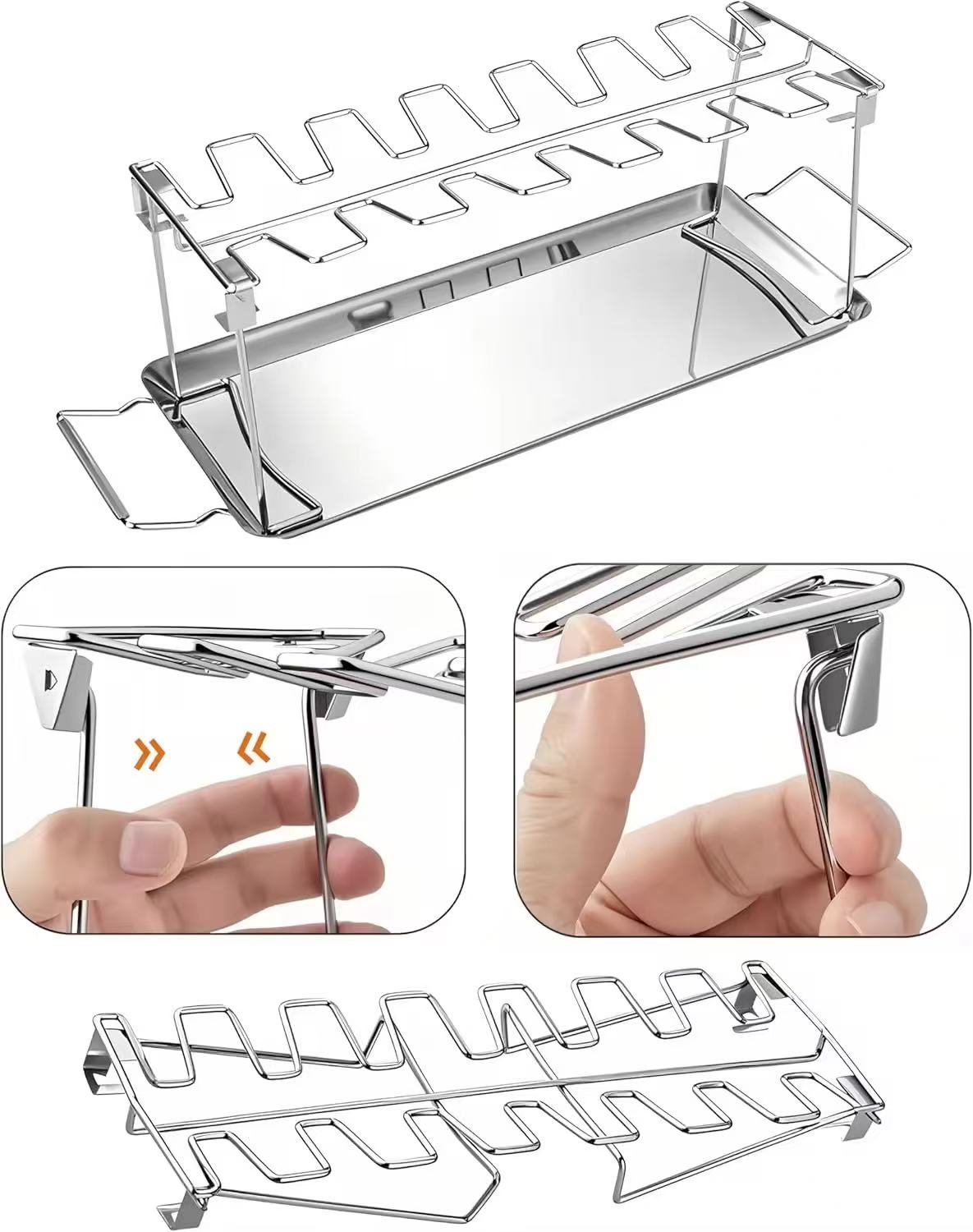 Foldable stainless steel chicken leg rack with tray barbecue grill