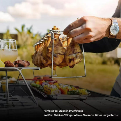 Foldable stainless steel chicken leg rack with tray barbecue grill