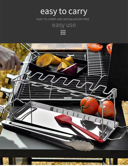 Foldable stainless steel chicken leg rack with tray barbecue grill