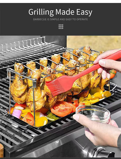 Foldable stainless steel chicken leg rack with tray barbecue grill
