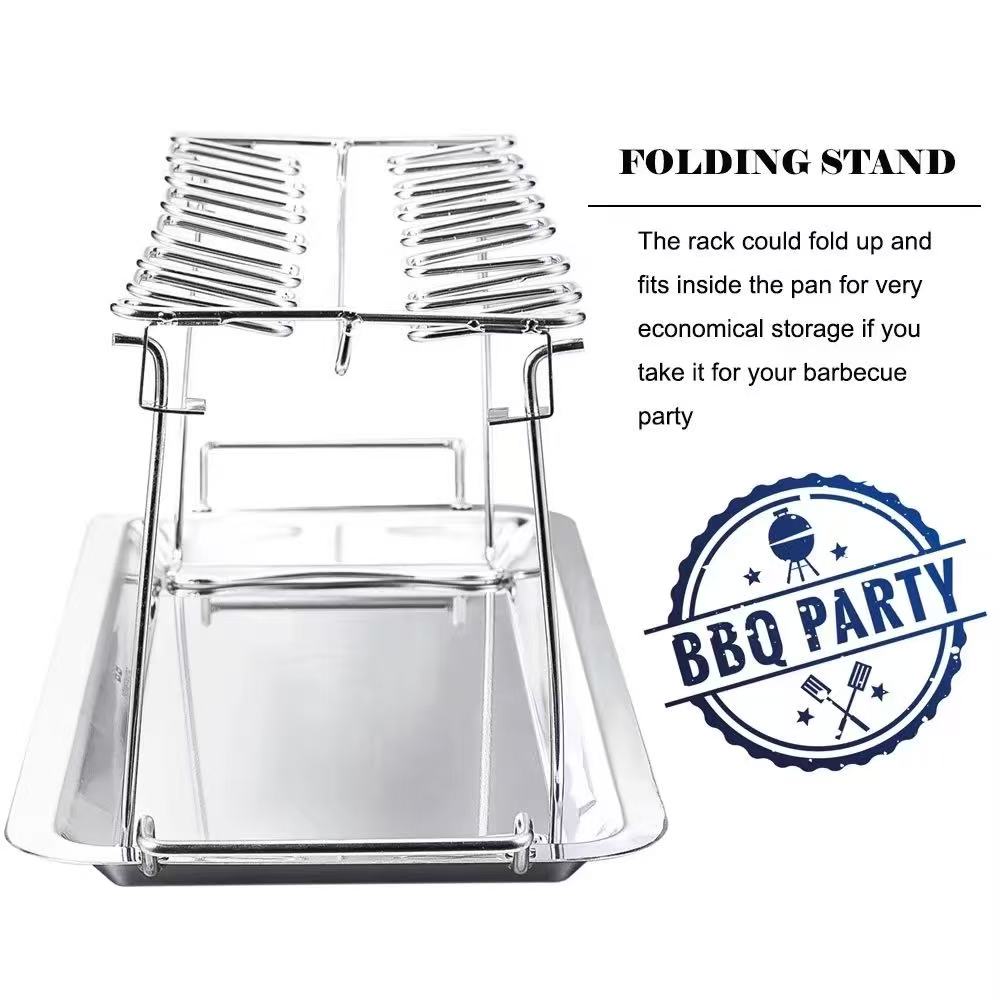 Foldable stainless steel chicken leg rack with tray barbecue grill