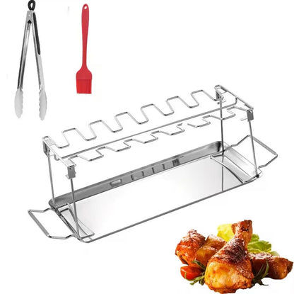 Foldable stainless steel chicken leg rack with tray barbecue grill