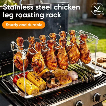 Foldable stainless steel chicken leg rack with tray barbecue grill