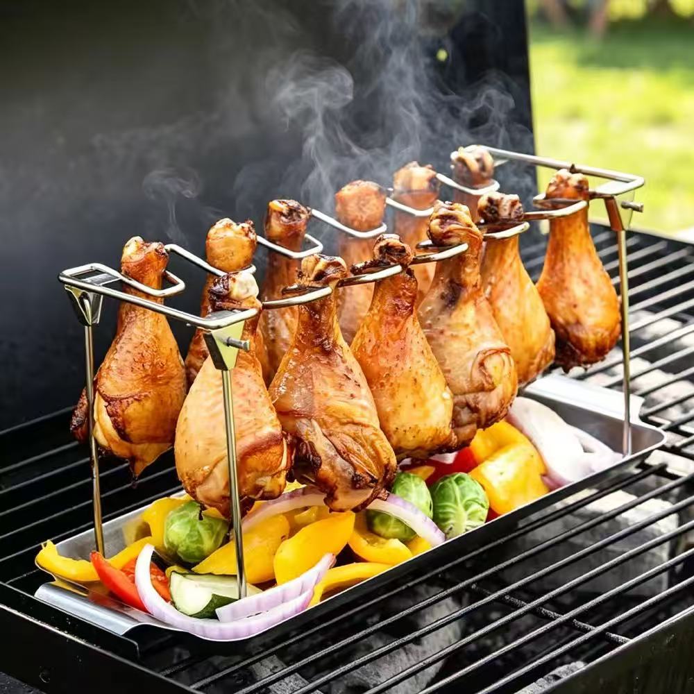 Foldable stainless steel chicken leg rack with tray barbecue grill