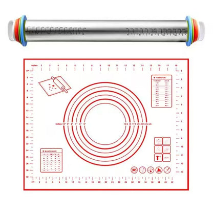 Stainless steel rolling pin and dough mat set
