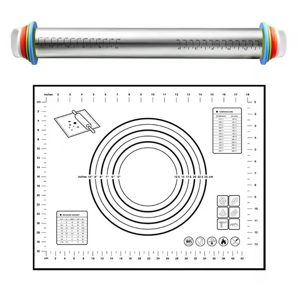 Stainless steel rolling pin and dough mat set
