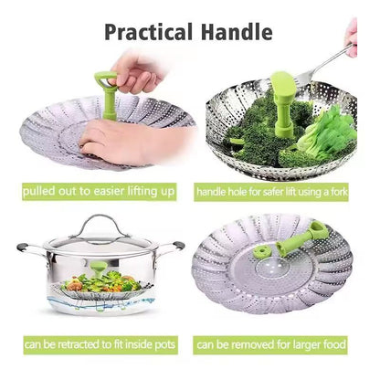 Stretchable and foldable stainless steel steamer tray