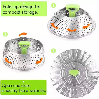 Stretchable and foldable stainless steel steamer tray