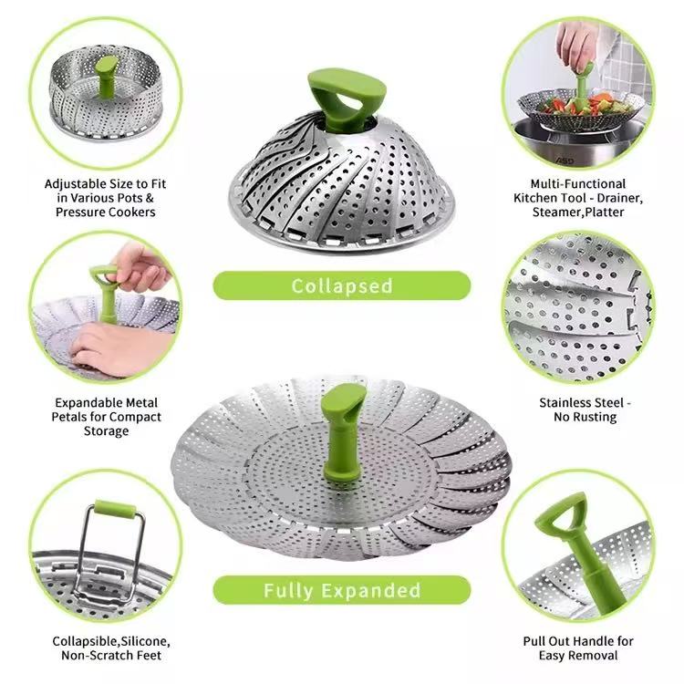Stretchable and foldable stainless steel steamer tray