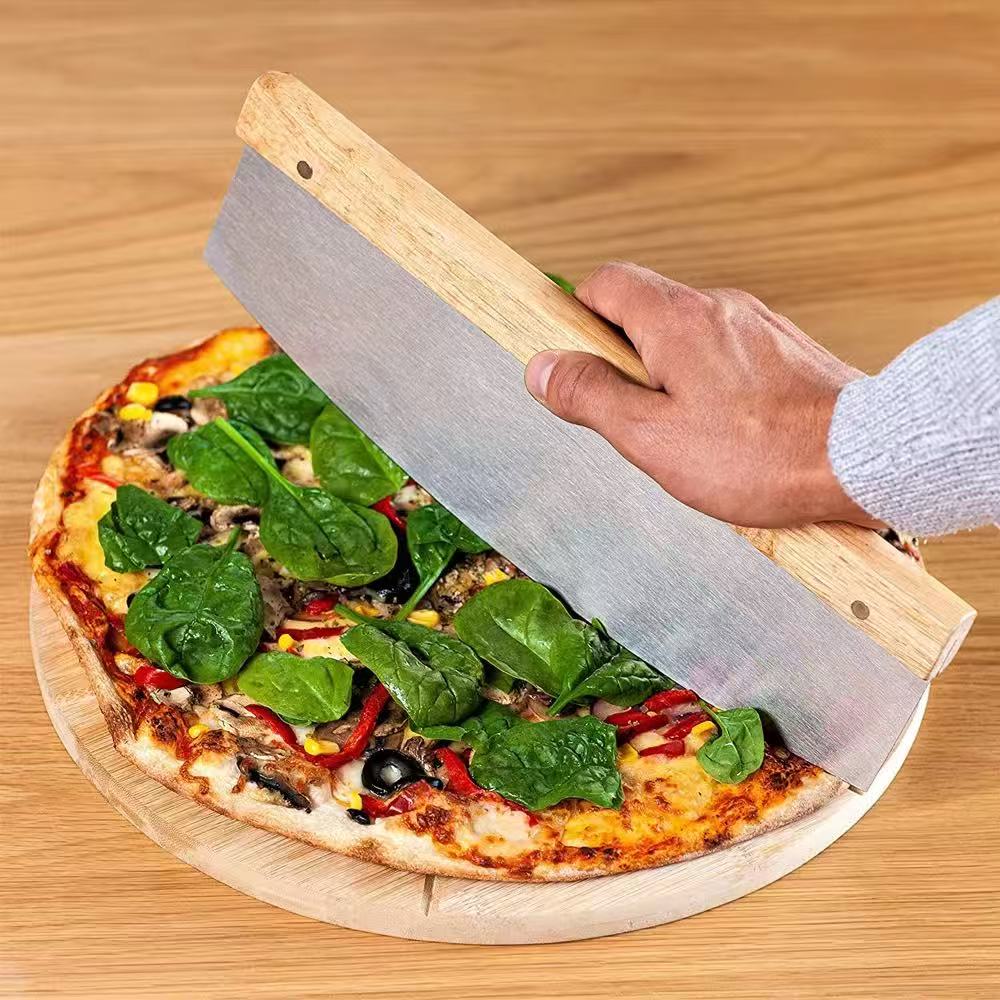 Stainless steel wooden-handle pizza cutter, bread scraper for baking