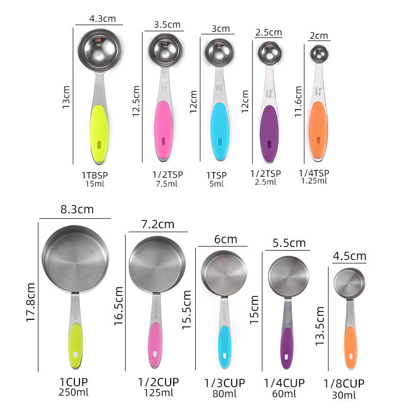Silicone handle stainless steel measuring cup and measuring spoon set, scale-reading kitchen baking tool set